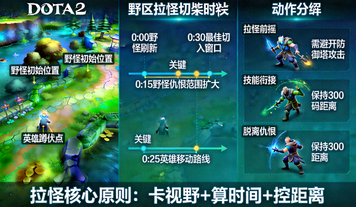 DOTA2野区拉怪切入时机拆解示意图